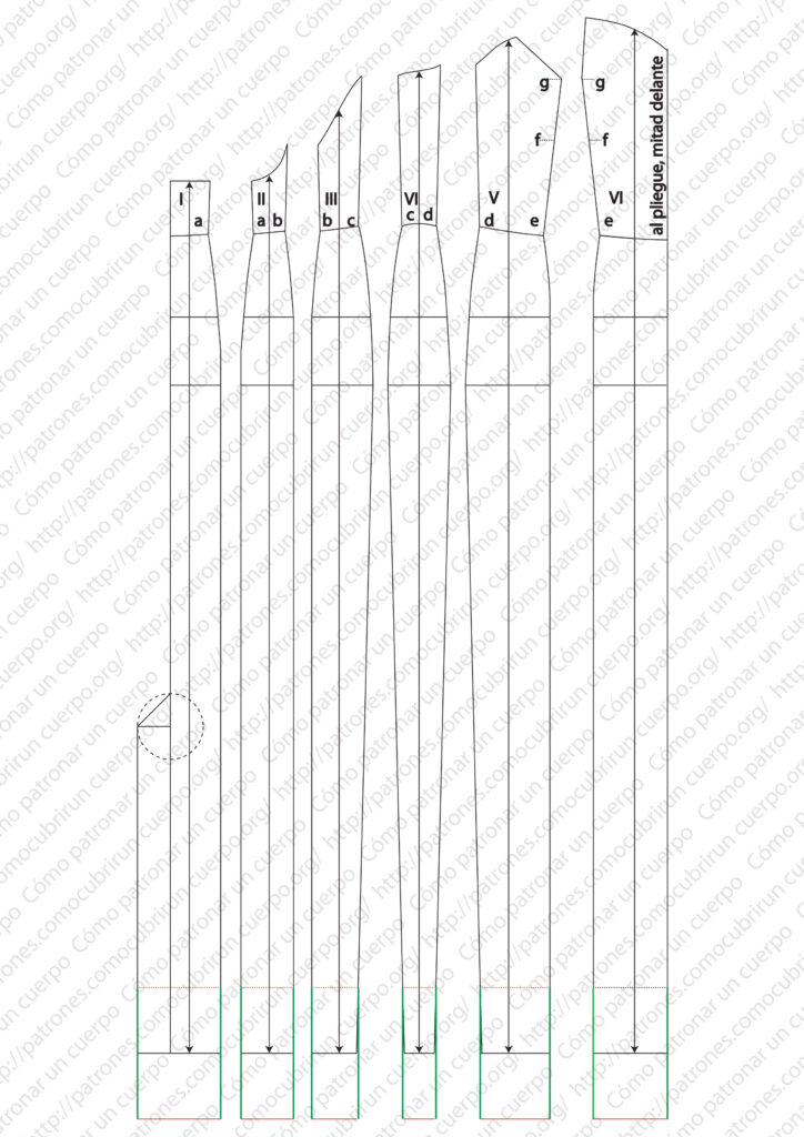 Regulación del bajo del fourreau mediante líneas perpendiculares trazadas entre la línea discontinua del bajo acabado y la línea continua del re-largo, marcadas en verde