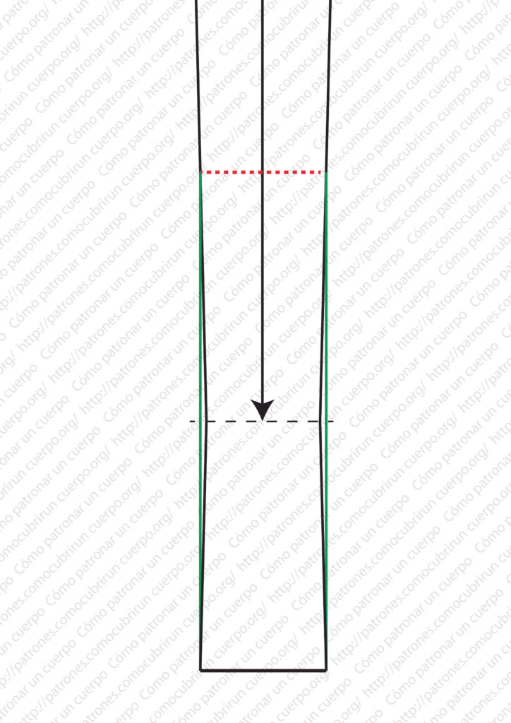 Trazado del bajo real de la falda del fourreau utilizando las líneas supletorias perpendiculares como guía