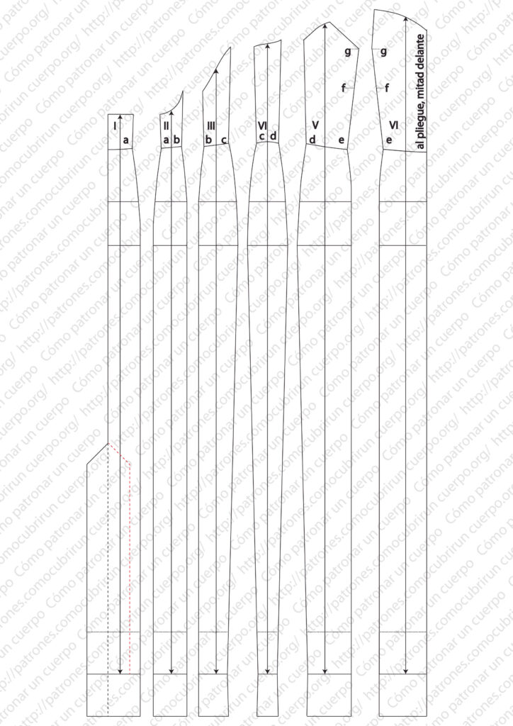 Cierre por patronaje de la pestaña de la apertura trasera para el forro del vestido, indicado con línea discontinua roja