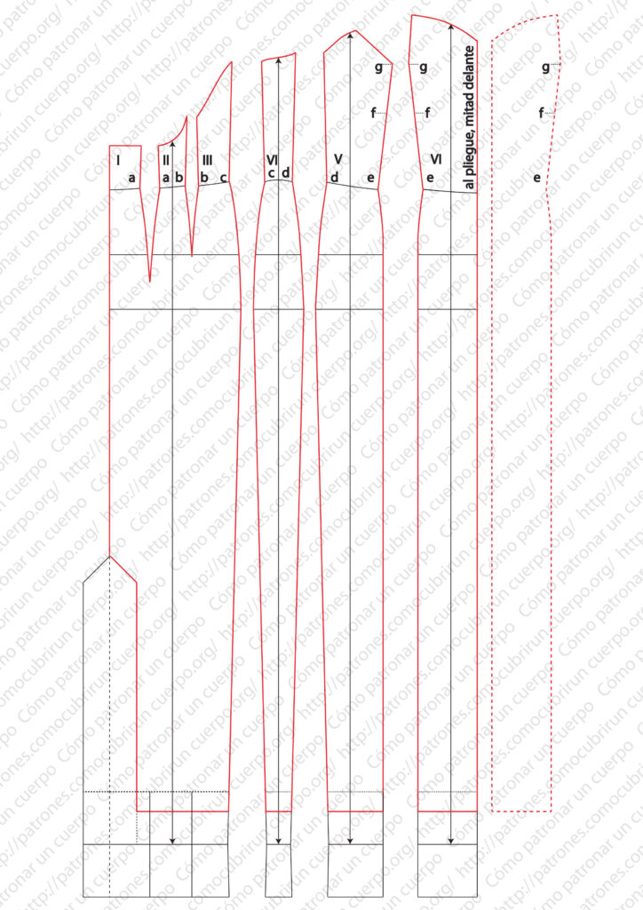 Contorno del patrón del forro marcado en rojo, con el bajo situado 5 cm por encima del bajo del vestido y la pieza VI patronada al pliegue