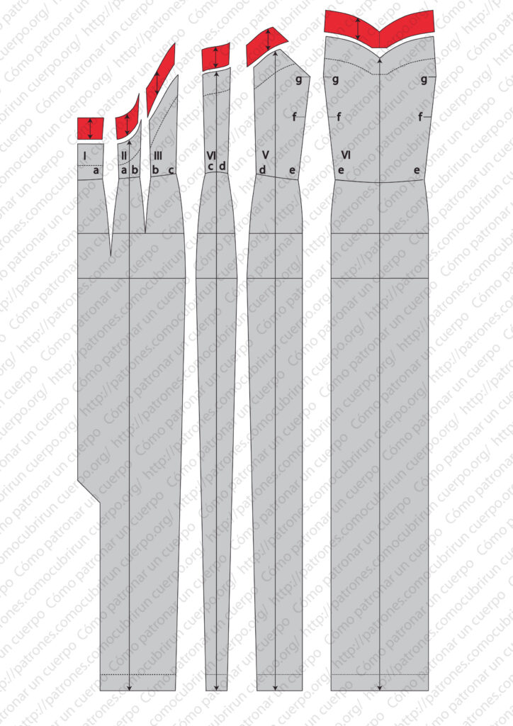 Patrón del forro en color gris y en-forma del bustier en color rojo de 4 cm de ancho