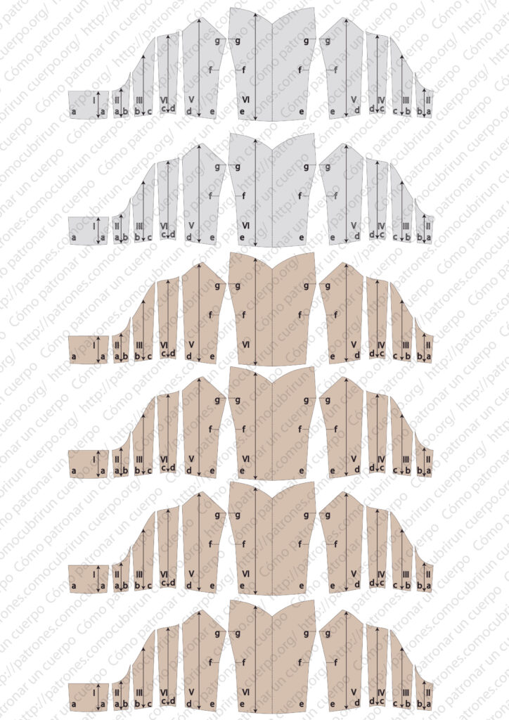 Patrón del bustier repetido seis veces: cuatro piezas de entretela para armar el bustier y dos piezas para el forro