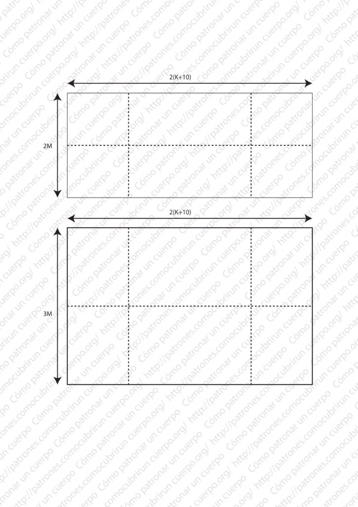 Patrón de las lazadas del lazo con ancho 2(K+10) y largos de 2M y 3M, con la tela doblada hacia el interior
