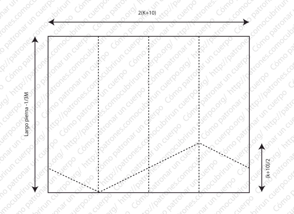 Patrón de las colas cruzadas del lazo con líneas discontinuas que indican los pliegues y medidas basadas en el largo de pierna