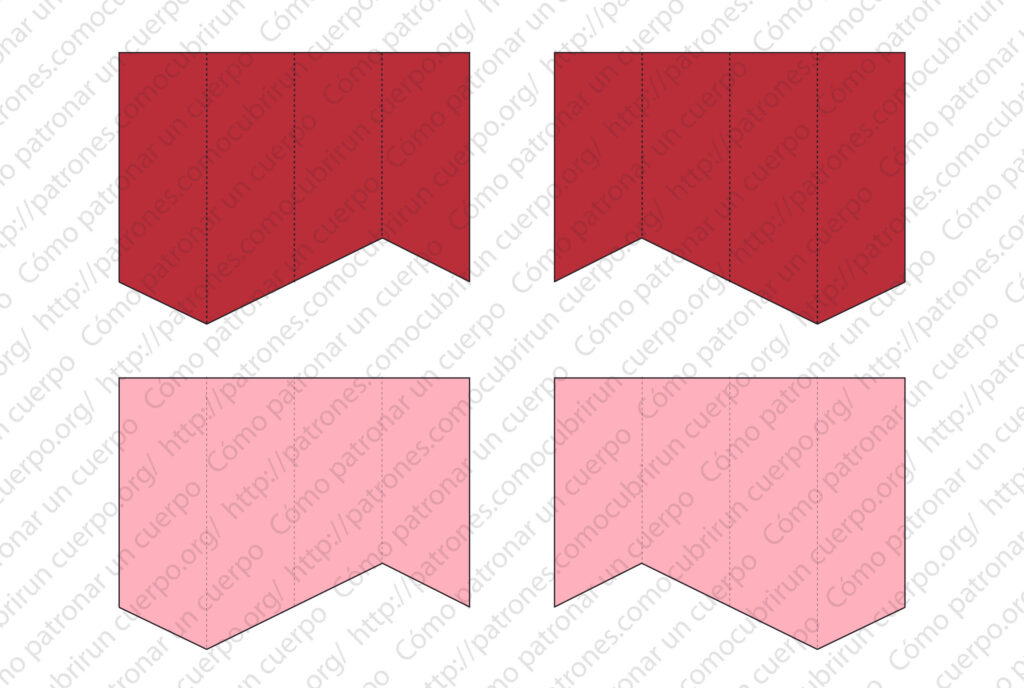 Colas del lazo posterior en tela principal en rojo y entretela en rosa, utilizada como crinolina fina