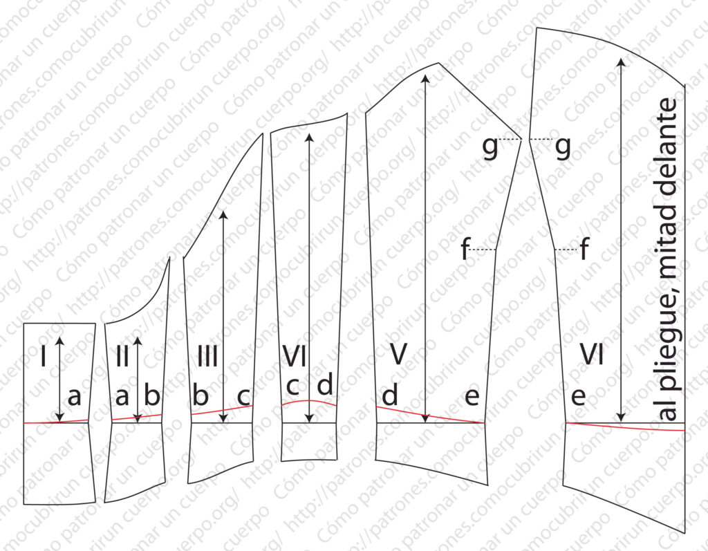 Determinación de la cintura real sobre el patrón del bustier, marcada con línea roja teniendo en cuenta la cresta ilíaca