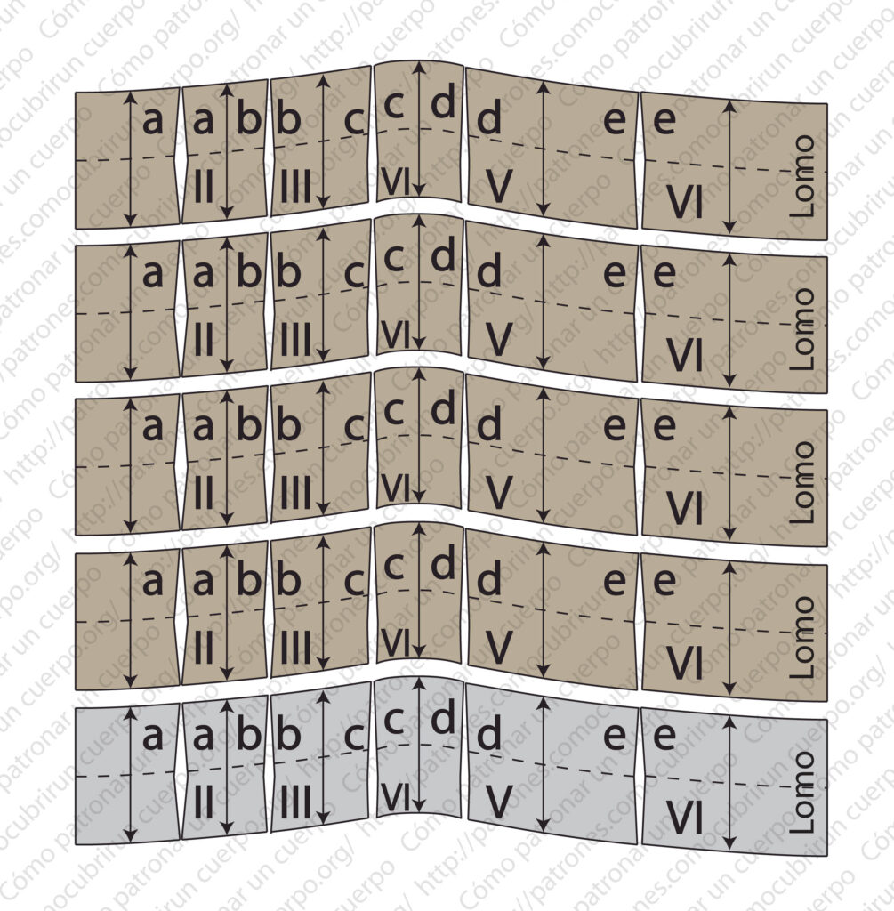 Patrón de la cinturilla rígida repetido cinco veces: cuatro piezas para entretela en color marrón y una pieza para forro en color gris