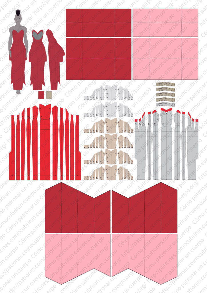 Despiece completo del patrón del vestido con todas las piezas del bustier, falda, cinturilla, cola y forro