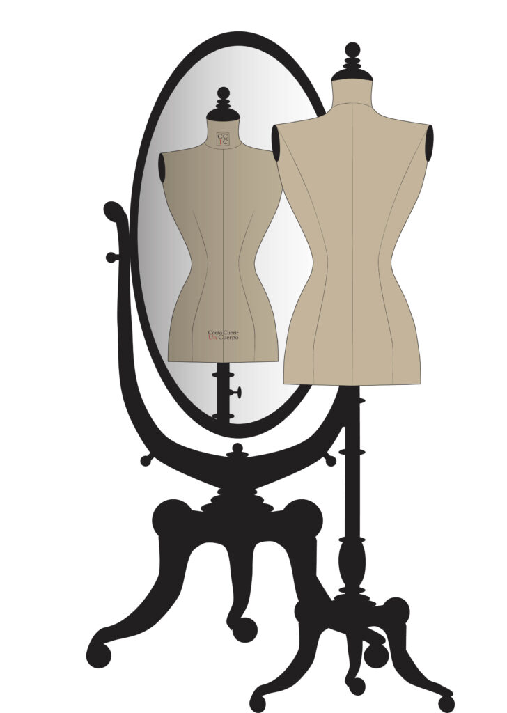 Maniquí enguatado y recubierto de tela sin brazos, junto a un espejo de cuerpo entero para la práctica del moulage o modelaje