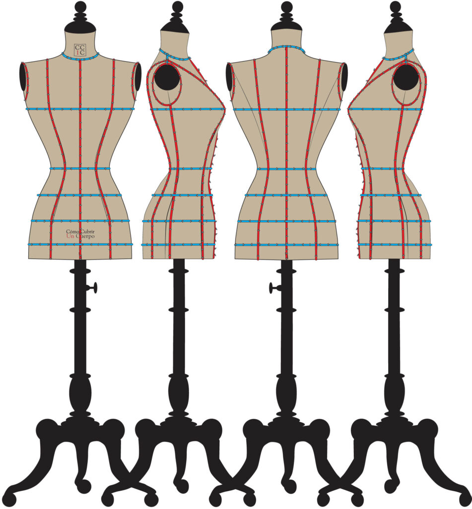 Preparación del maniquí de moulage mediante la colocación de bolducs para marcar las líneas de construcción de la prenda