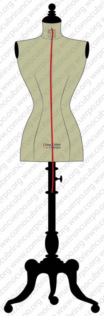 Colocación del bolduc rojo en la línea de mitad delante del maniquí para establecer el aplomo vertical