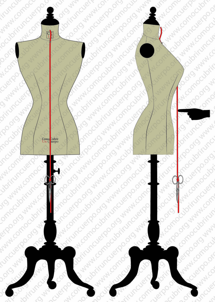 Vista frontal y lateral del bolduc mostrando cómo el aplomo se separa de la cintura y puede apoyarse en el esternón o la cadera