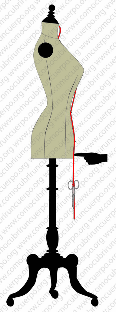 Colocación del alfiler en la cintura antes del borde del maniquí y corte del bolduc manteniendo el aplomo