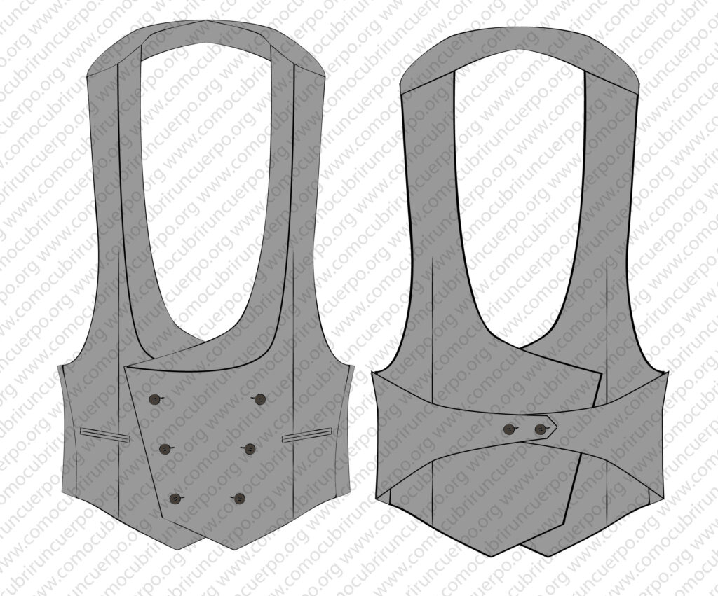 Chaleco de ceremonia masculino sin espalda, cruzado y con cuello de solapa tipo façon trottoir