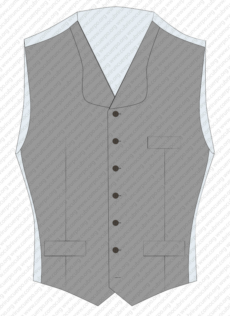 Chaleco sastre clásico con solapa redondeada baja, cierre central con botones y bolsillos de vivo