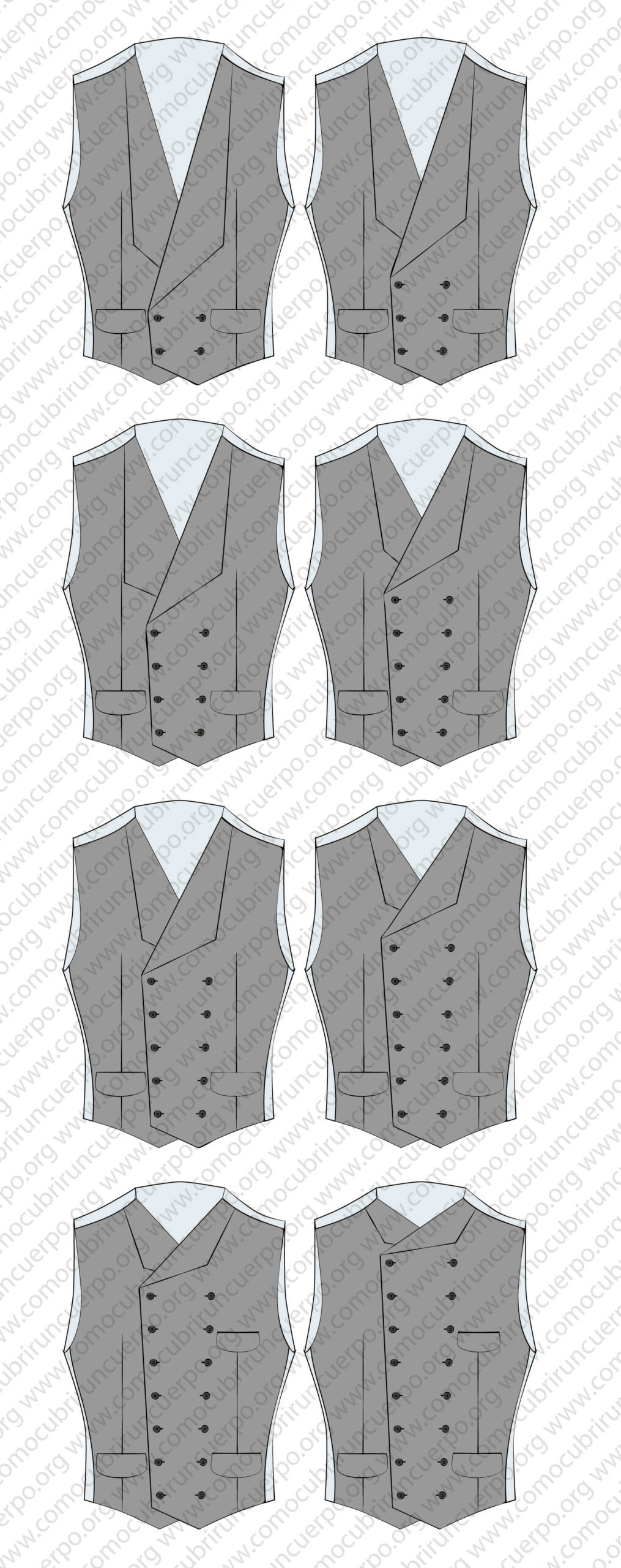 Ejemplos de chaleco con distintos grados de escote, desde escote alto hasta escote profundo