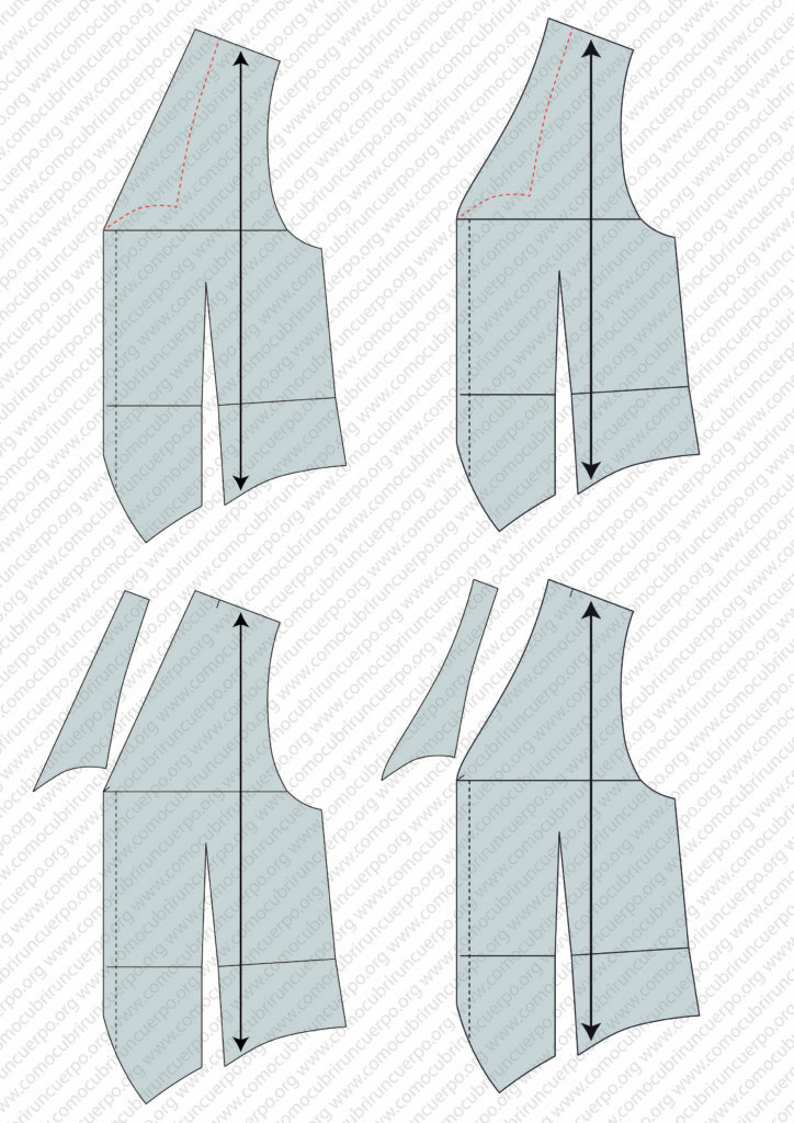 Esquemas de chaleco con cuello falso aplicado sobre delantero de escote recto y delantero de escote cóncavo, con línea de corte señalada