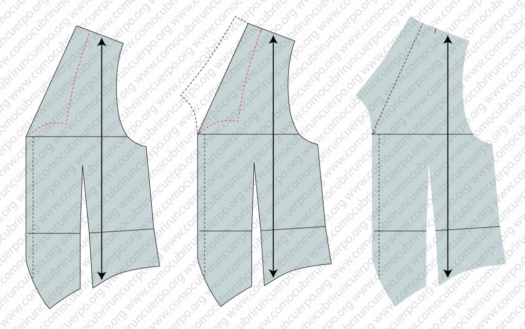 Esquema de chaleco mostrando el trazado del cuello falso mediante línea discontinua sobre la línea de quiebre