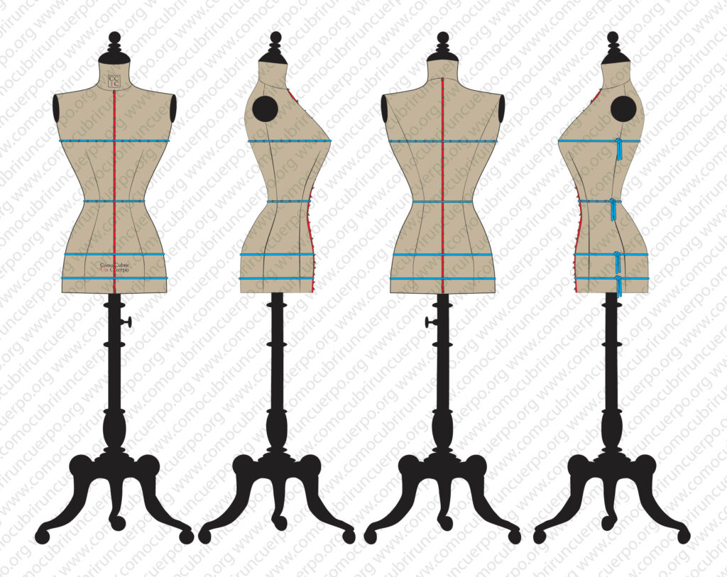 Maniquí de moulage con los bolducs de pecho, cintura, cadera y bajo colocados, vista frontal, posterior y de perfil