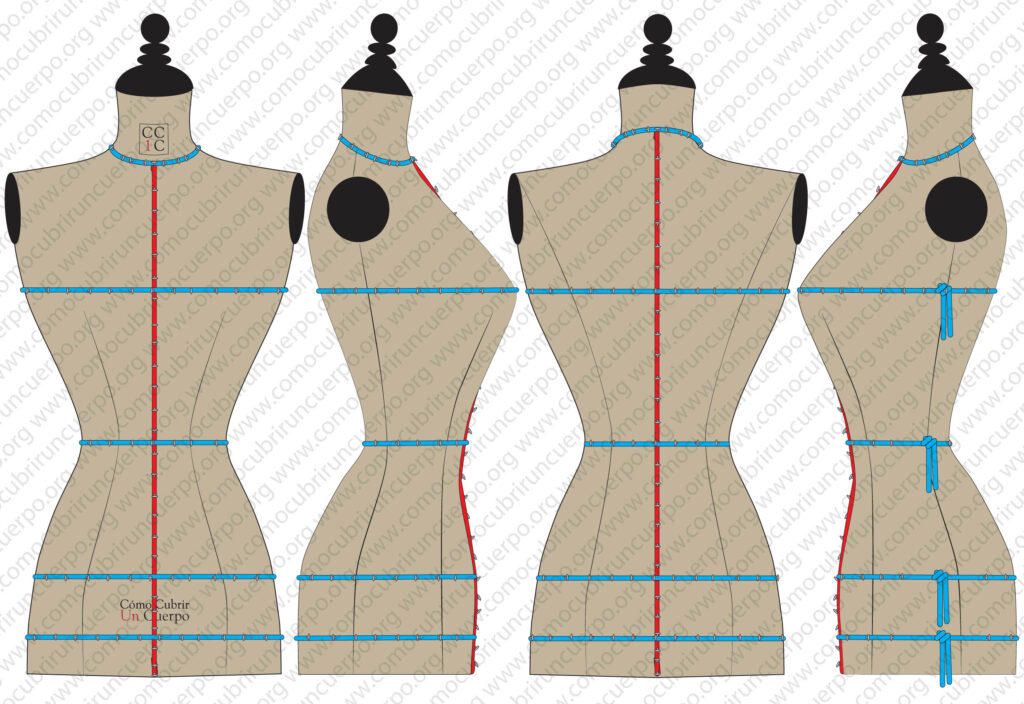 Maniquí de moulage con el bolduc de la costura de espalda colocado desde la base del cuello