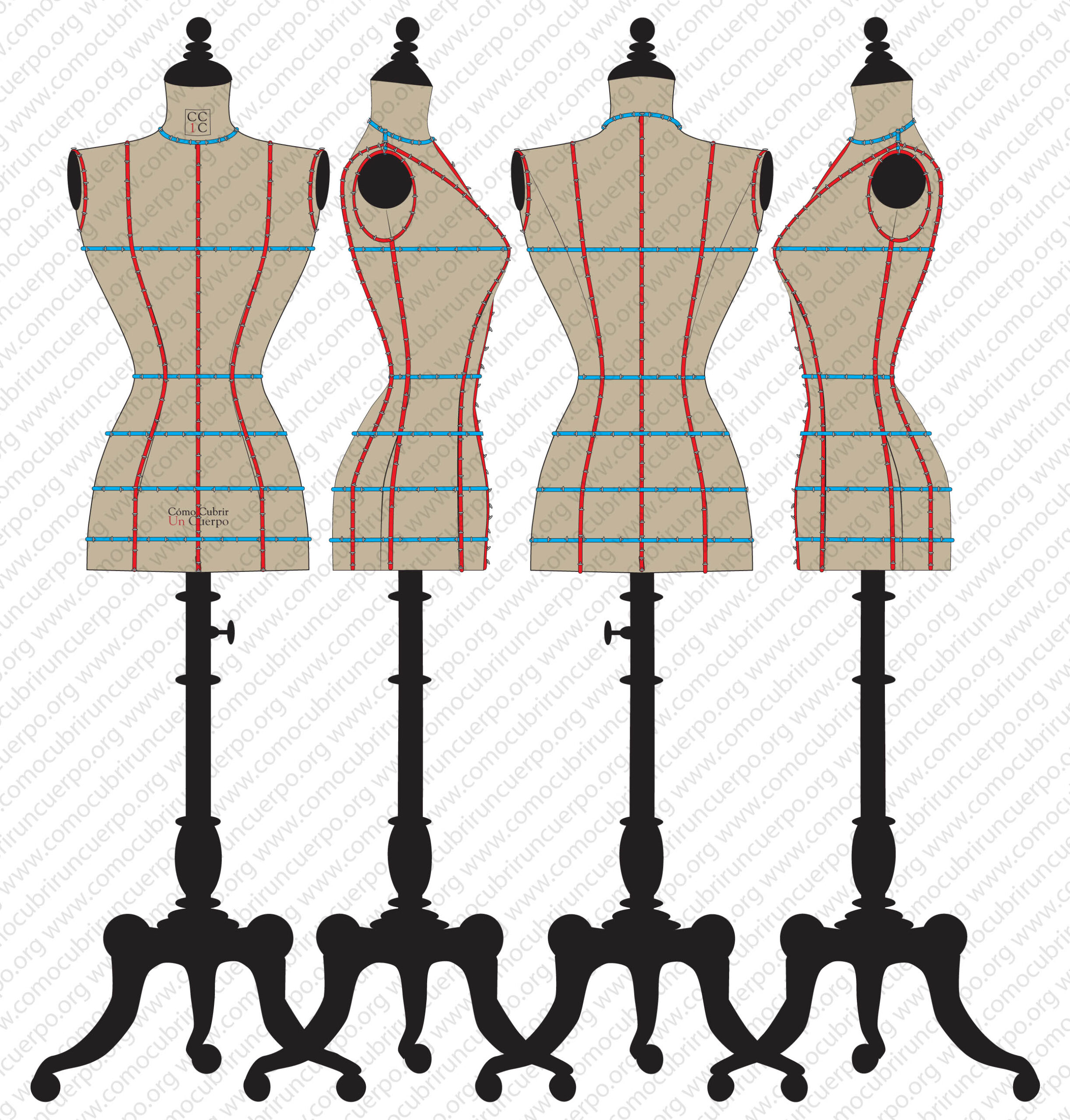 Maniquí de moulage con el bolduc del contorno de sisa colocado, vistas frontal, posterior y de perfil