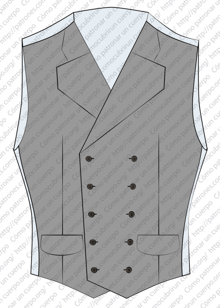 Dibujo técnico del chaleco cruzado masculino con cuello tipo americana, doble botonadura y bolsillos relojeros