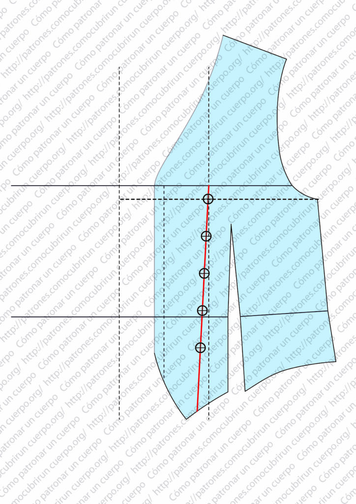 Distribución de los cinco botones sobre la línea de la botonadura del chaleco cruzado masculino