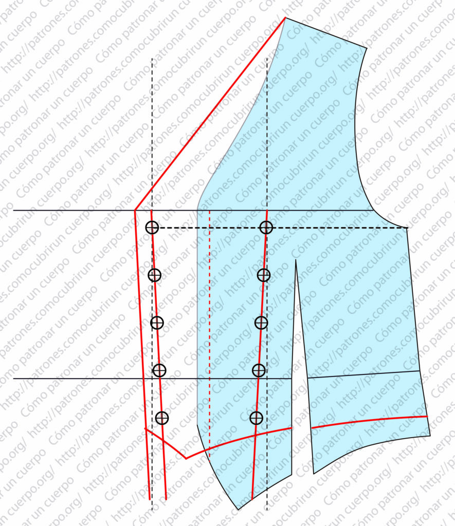 Definición del borde del doble pecho, quiebre del cuello y trazado del bajo en el patrón del chaleco cruzado