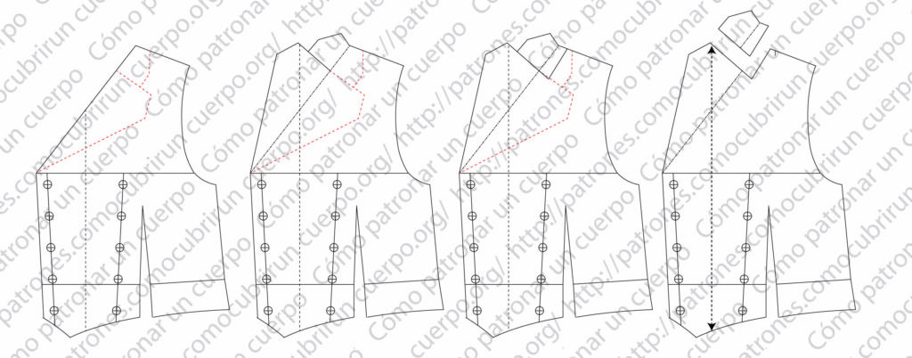 Patronaje del chaleco cruzado con solapa verdadera de chaqueta, inglesa y contrainglesa integradas