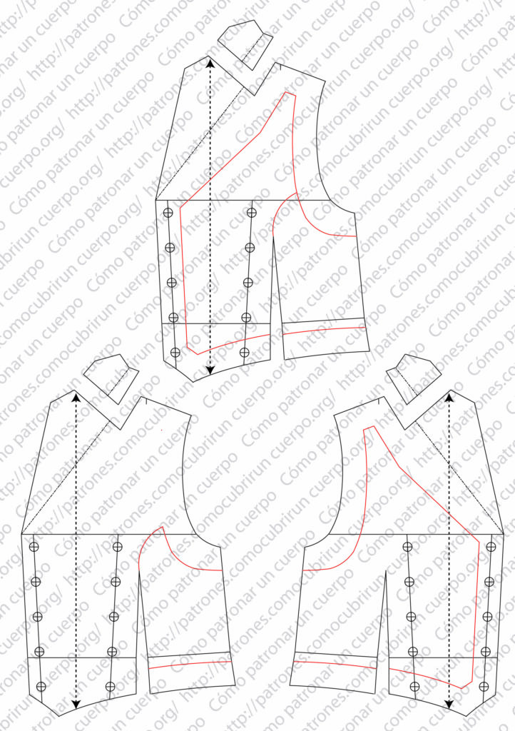 Despiece del forro asimétrico del chaleco cruzado con enformas y cruce exterior en tela