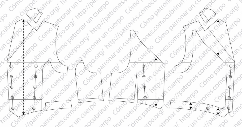 Despiece completo del forro y enformas del chaleco cruzado masculino con todas las piezas separadas