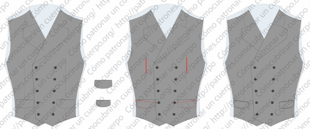 Corrección del boceto del chaleco cruzado para ajustar bolsillos y proporciones