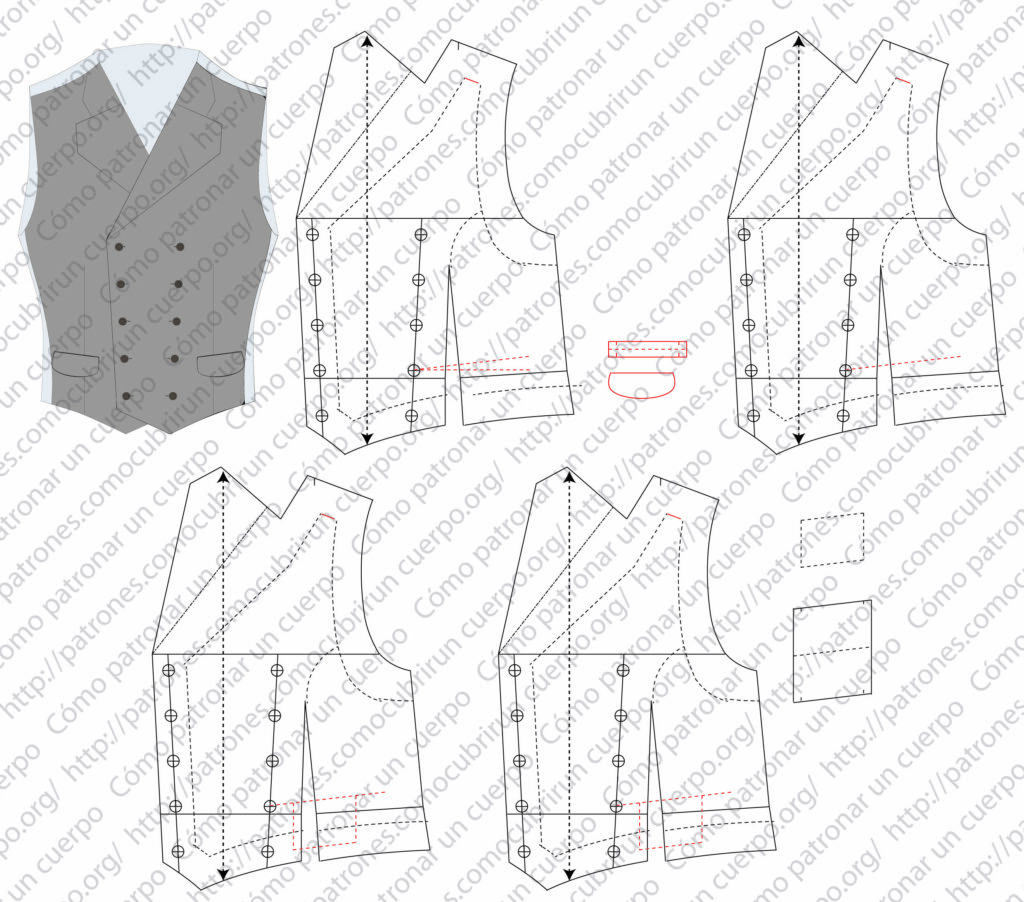 Despiece del delantero del chaleco cruzado con bolsillo relojero y fondo independiente