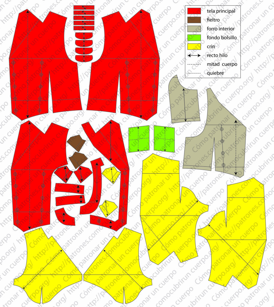 Despiece total del delantero del patrón de chaleco cruzado con solapa y cuello para sastrería clásica