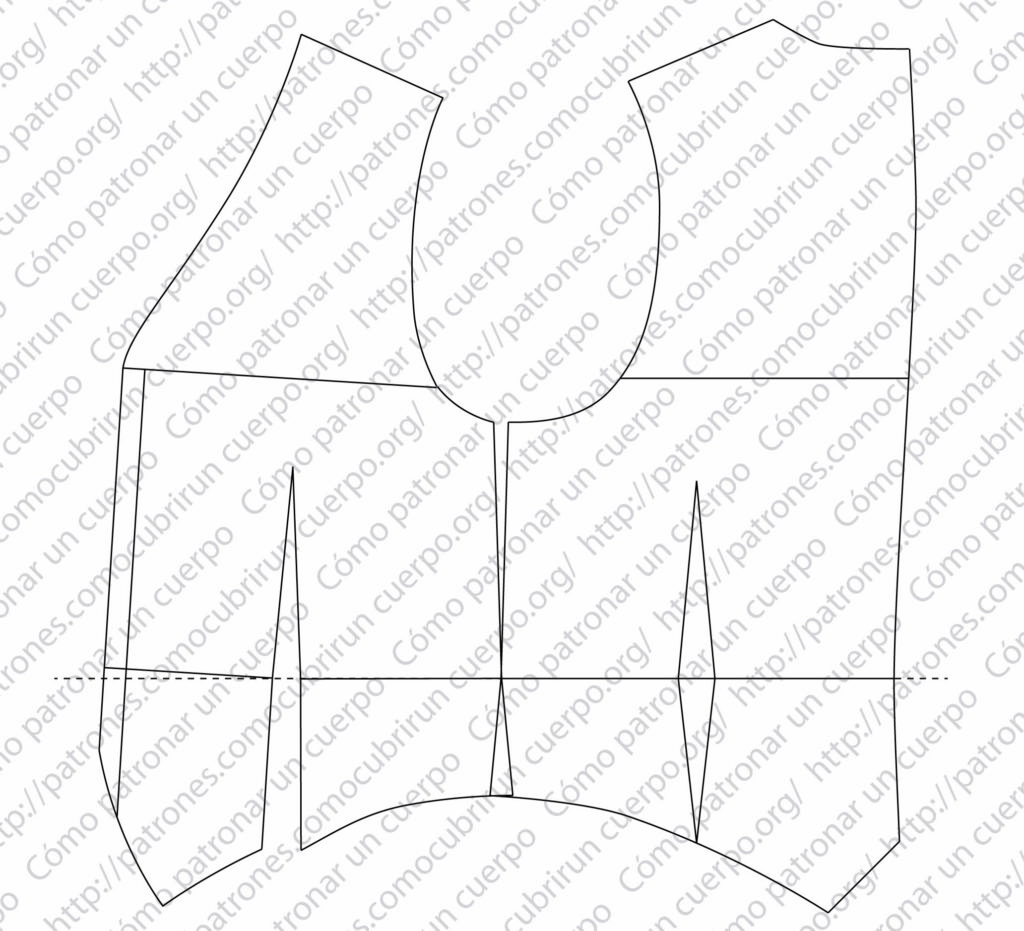 Reconstrucción del patrón base del chaleco masculino mostrando la falta de horizontalidad del delantero tras el cierre de la pinza técnica de pecho