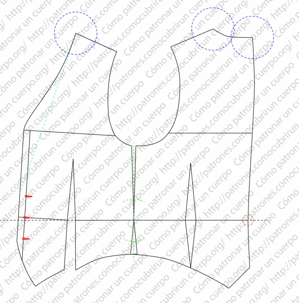 Determinación de la medida de 2,5 cm en la mitad espalda del patrón del chaleco de ceremonia y trazado del arco de 1,25 cm como referencia