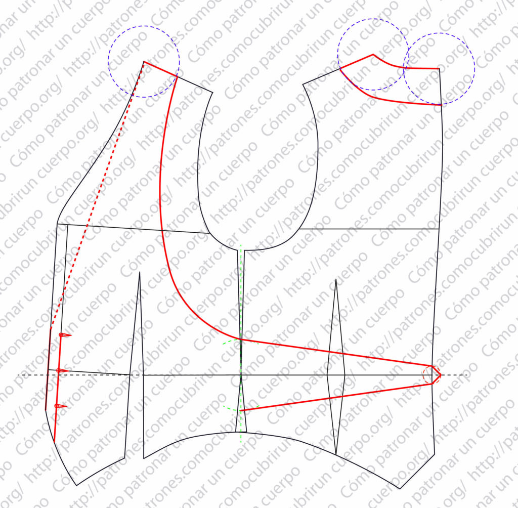 Trazado de las líneas definitivas del chaleco de ceremonia sobre el patrón base, indicadas con línea continua gruesa en color rojo
