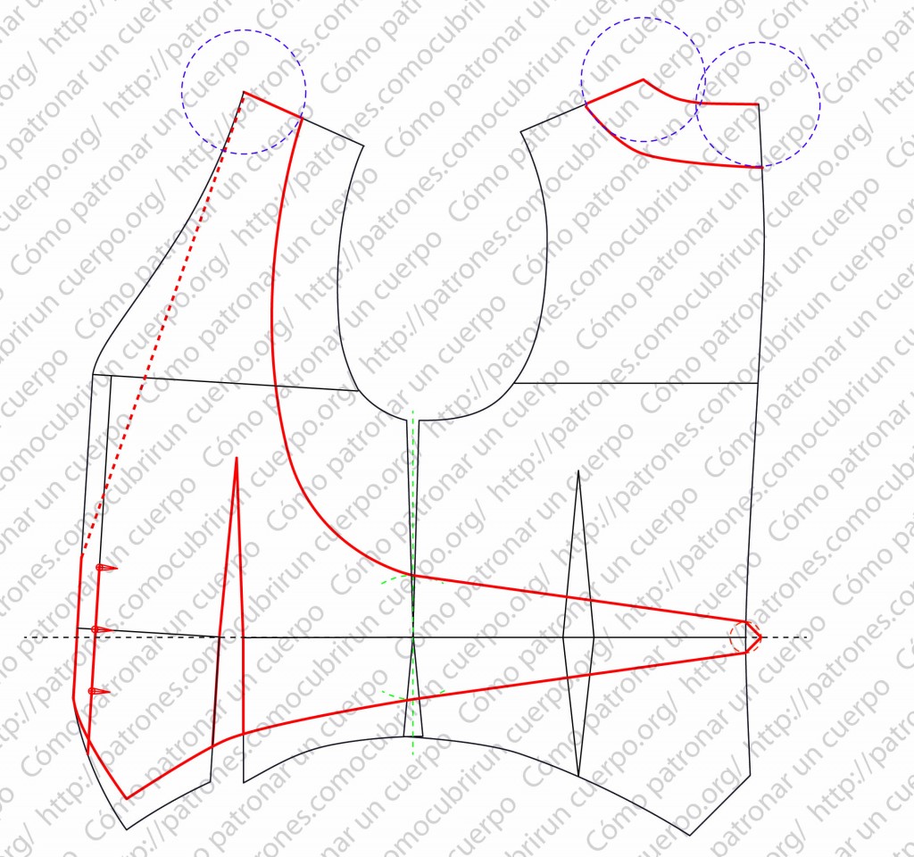 Ajuste del pico del delantero del chaleco de ceremonia para suavizar la línea del bajo y evitar un trazado abrupto