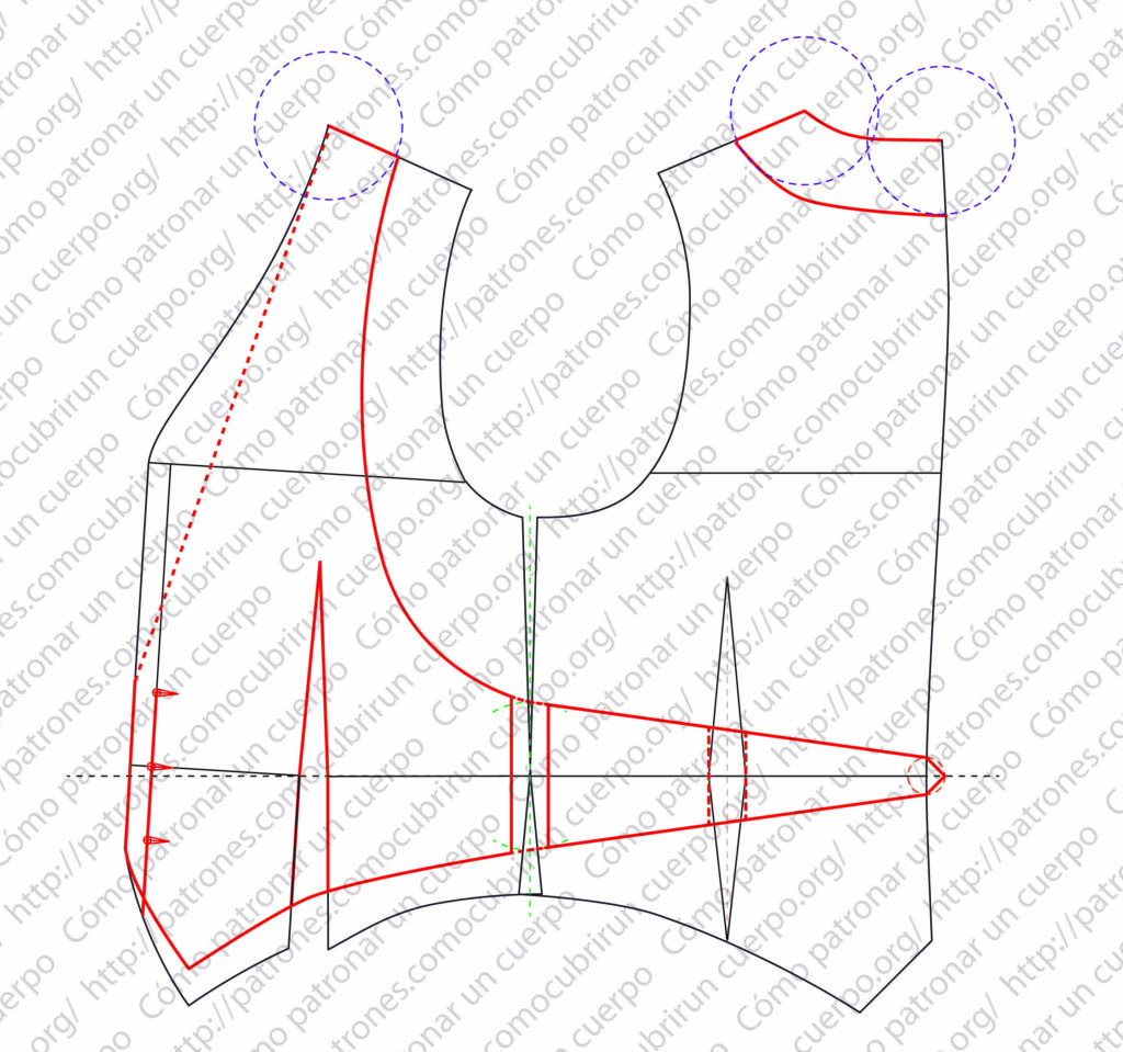 Descuento del valor de la pinza del entalle espalda y del entalle máximo de la cintura en la costura lateral del chaleco de ceremonia