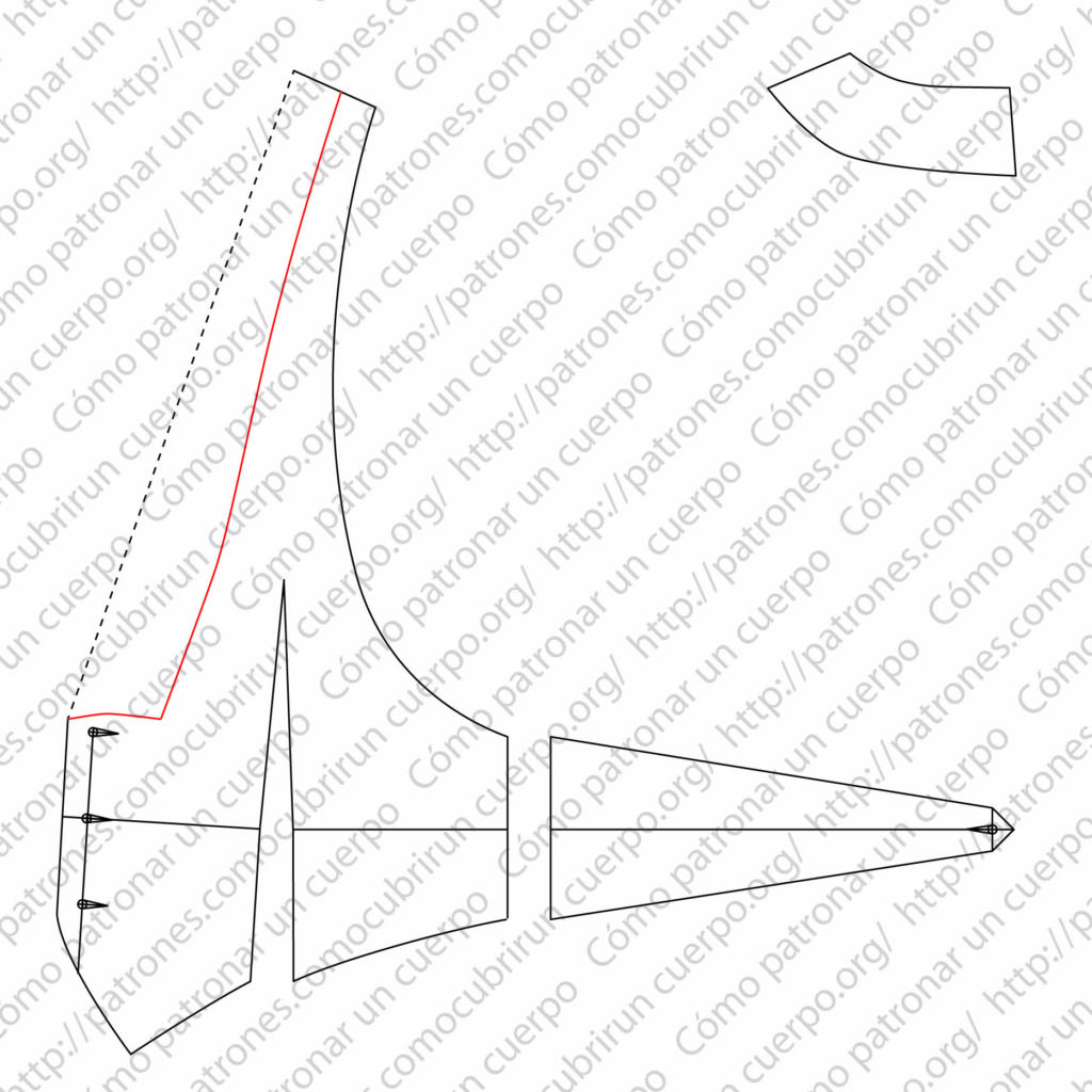 Trazado de la forma de la solapa sobre el patrón del delantero del chaleco de ceremonia, más estrecha que el cuello