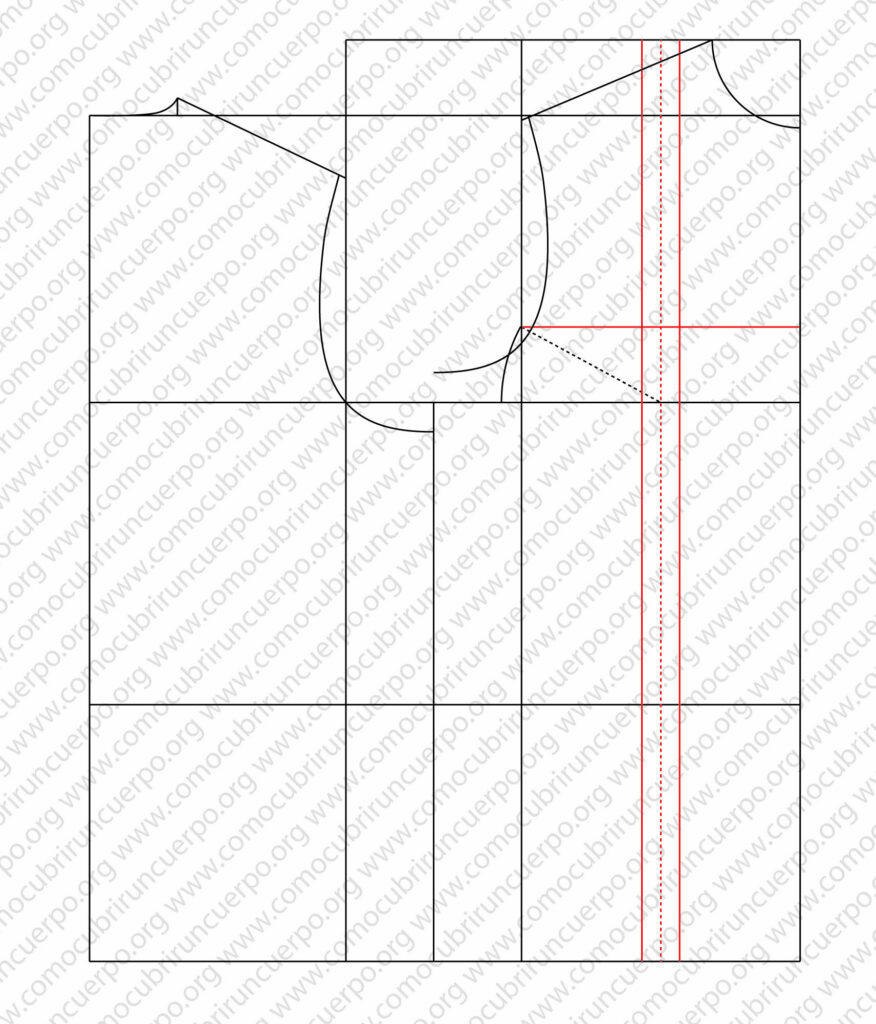 Dibujo de la sisa abierta y baja del chaleco femenino a partir de la punta de hombro y calcado de la sisa del detrás en el delantero.