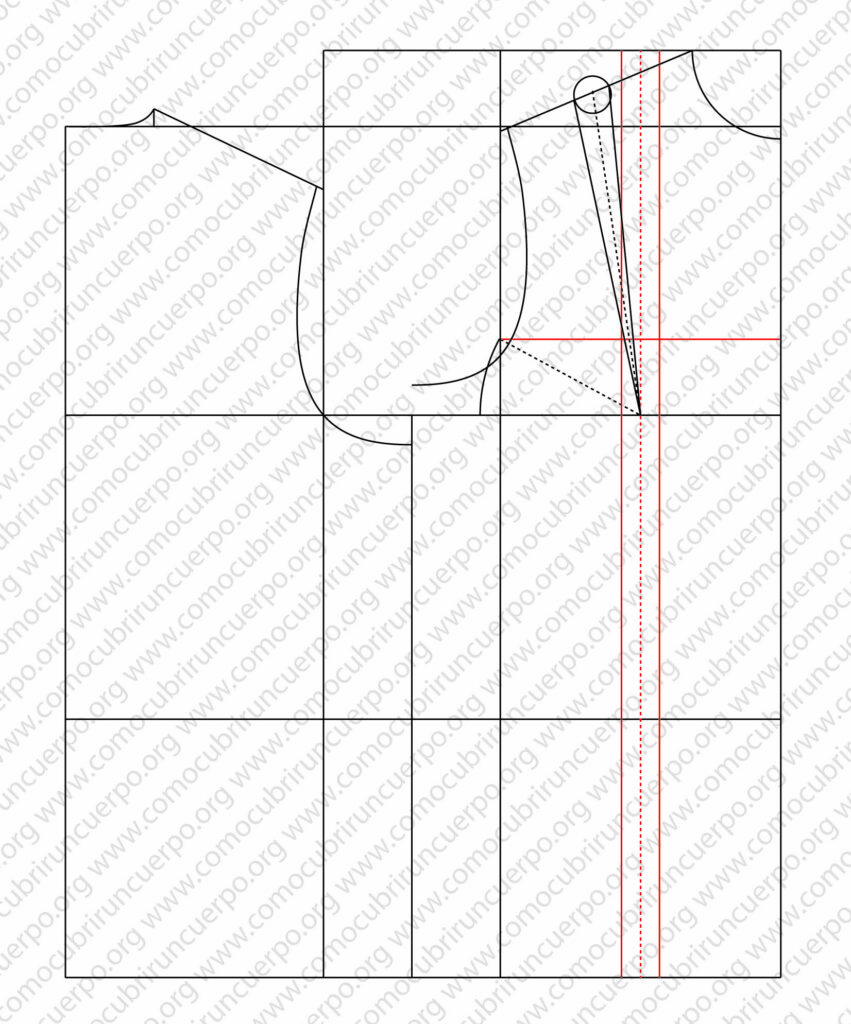 Traslado del desarrollo horizontal de pecho al recorrido del hombro delantero y definición de la pinza de sisa.