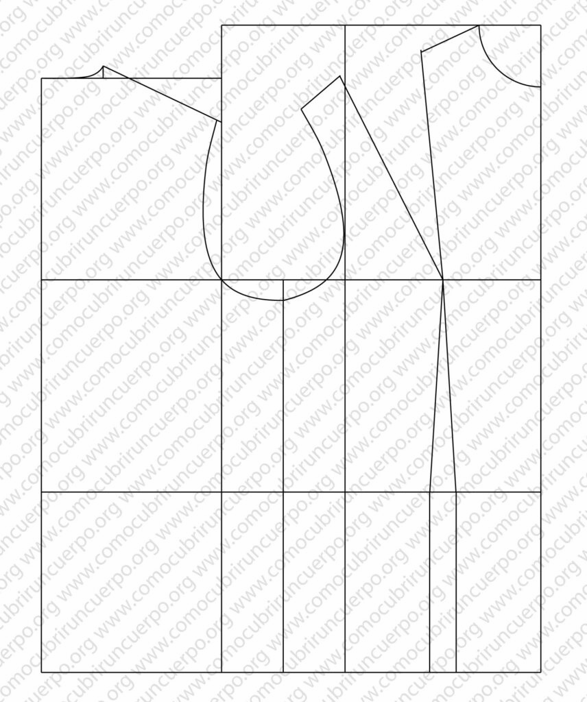 Chaleco femenino con la pinza de pecho repartida entre la sisa y el hombro, abierta hasta la cintura, antes del entalle general.