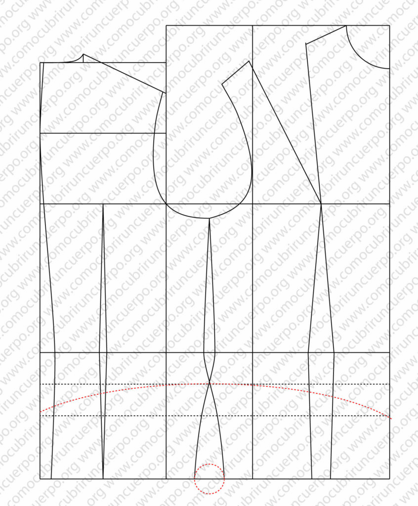 Cruce a nivel de cadera para compensar la diferencia entre pecho y cadera y trazado de la línea de bajo del chaleco femenino.