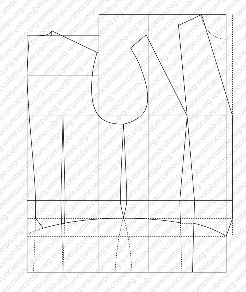 Trazado del cruce del chaleco femenino a 1,5 cm de la mitad del delantero y definición del quiebre o de la línea de escote.