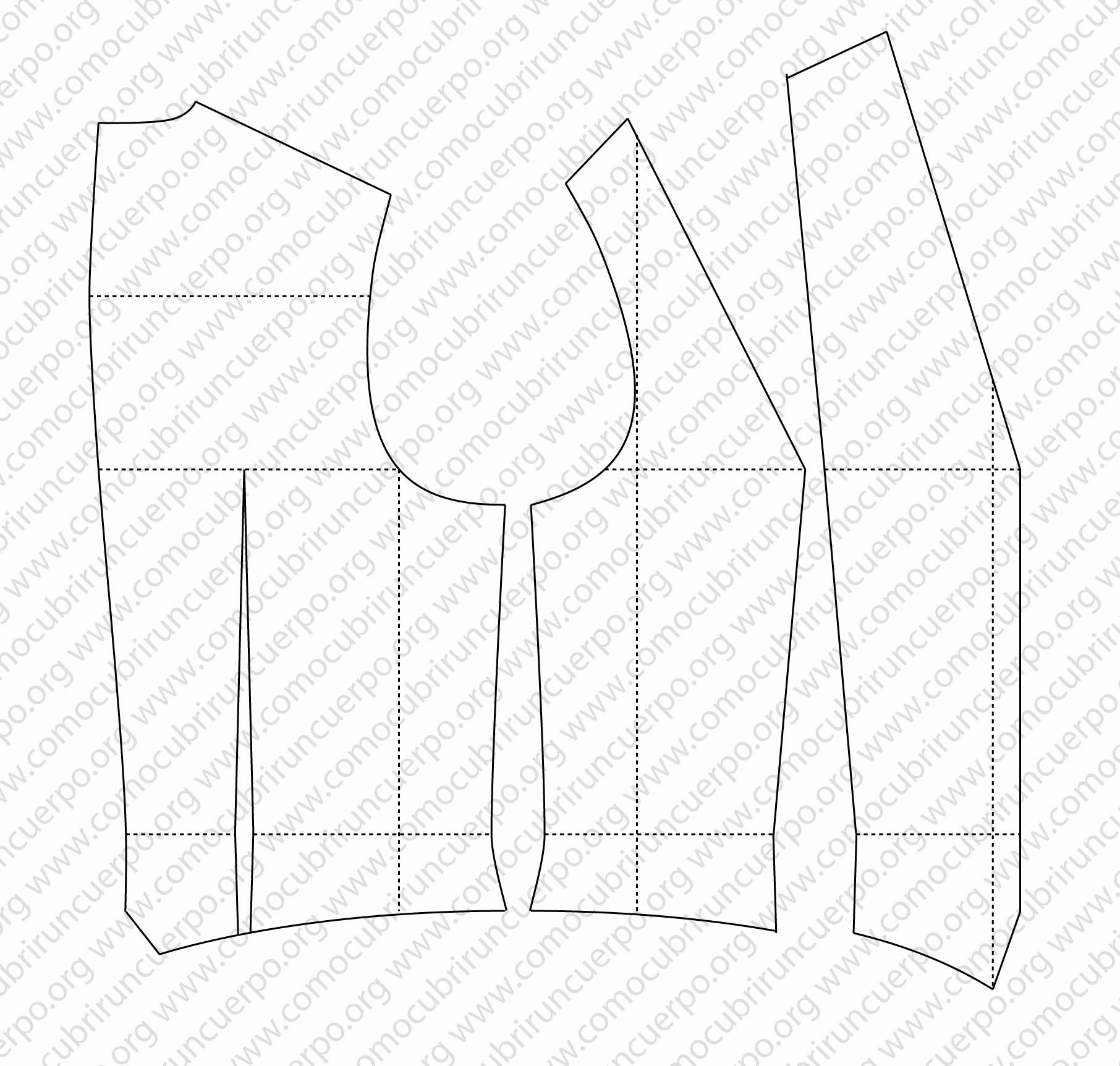 Patrón base del chaleco femenino proporcional con delantero, espalda y costadillo completamente definidos.