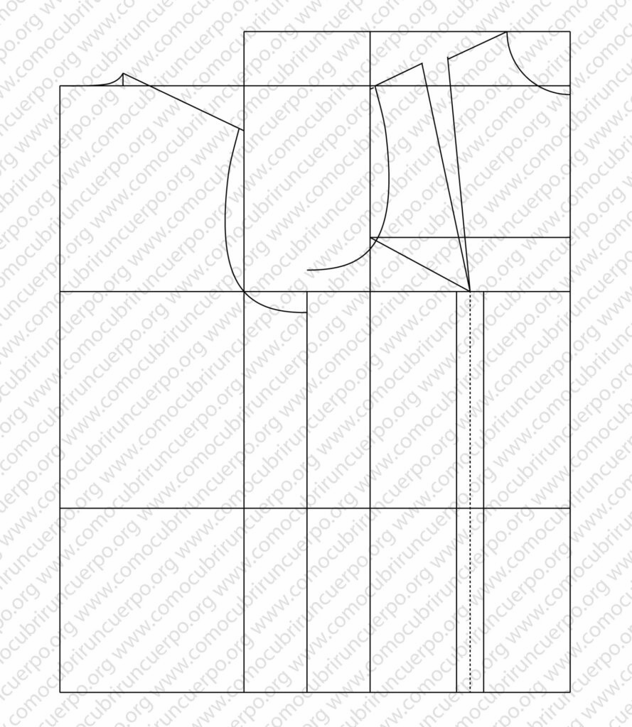 Diagrama del chaleco base femenino proporcional antes de cerrar las pinzas de pecho, con los desarrollos vertical y horizontal visibles