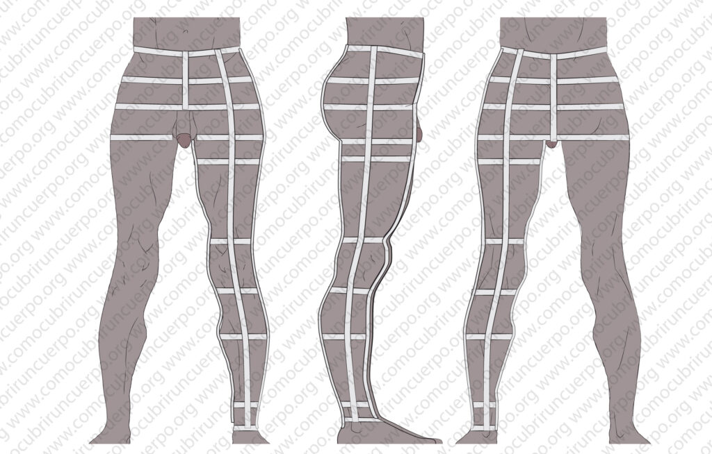 Colocación de cintas para moulage de la pierna masculina sobre modelo real