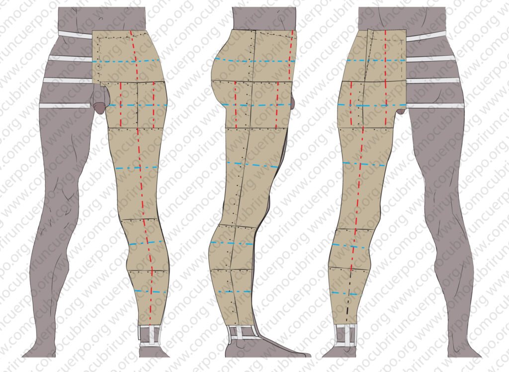 Moulage completo de la pierna masculina con glasilla y líneas de referencia