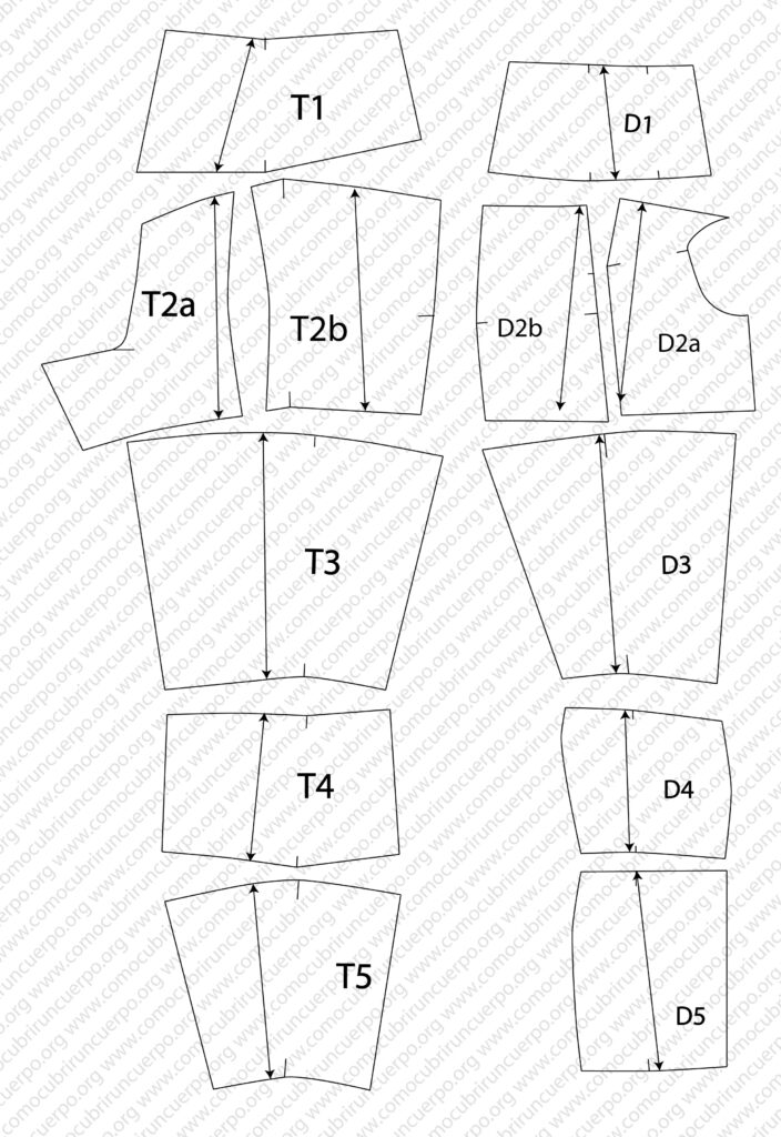 Patrón en plano de la pierna masculina con todas las piezas afinadas y numeradas